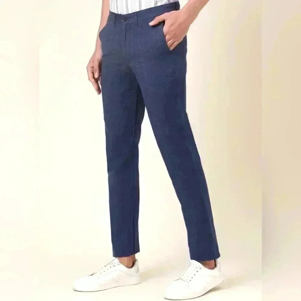 Fabindia Mens Blue Cotton Textured Flat Front Chino Trousers Pants Size 32